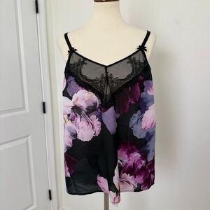 Cacique Womens Floral Print Black Lace Trim Cami‎ Top Size 14/16